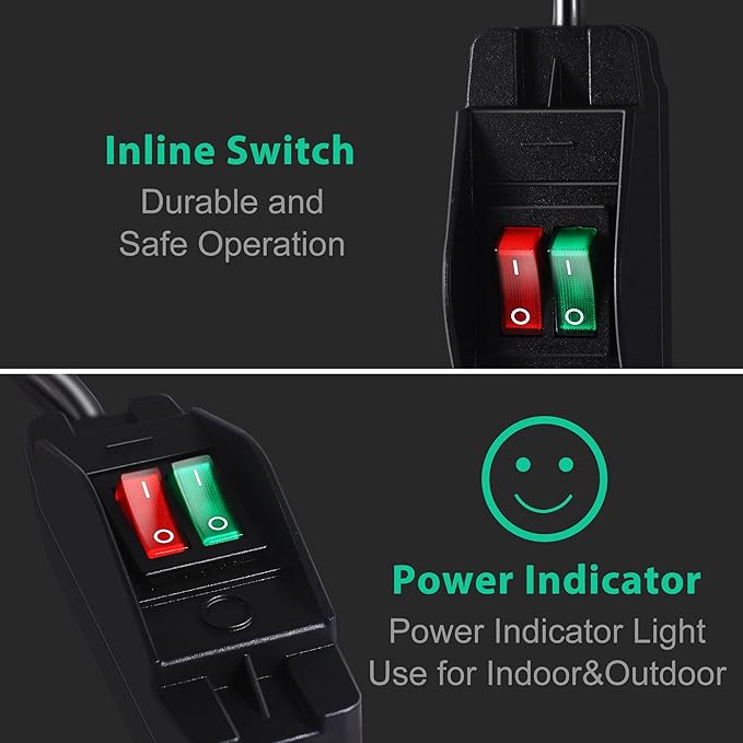 2 Way Extension Cord with On/Off Switch 3 Prong Outdoor Extension Cord Splitter, Heavy Duty Extension Cord with SJTW 14AWG 15A/125V and 18AWG 10A/125V(10 Ft, Black)