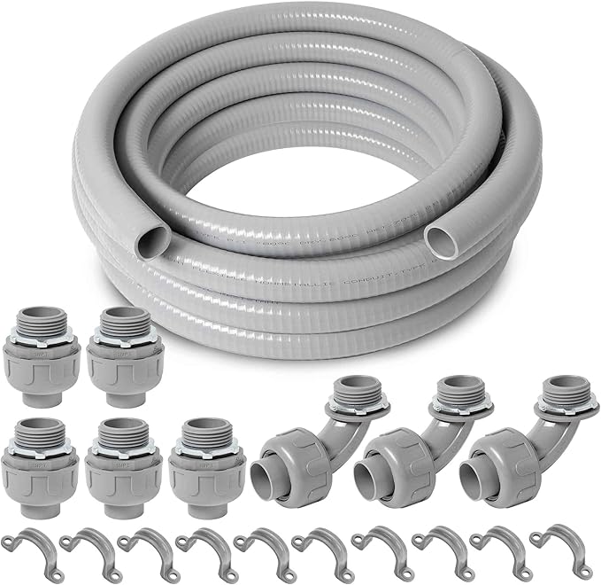 (1 inch Dia * 50 Feet) Yariwiz Flexible Electrical Conduit Liquid Tight PVC Conduit Kit with 5 PCS Coupling, 3 PCS Elbow and 10 PCS Strap, Sealtight Seal Flex Liquidtight Outdoor Non Metallic Grey