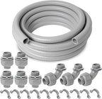 (1 inch Dia * 50 Feet) Yariwiz Flexible Electrical Conduit Liquid Tight PVC Conduit Kit with 5 PCS Coupling, 3 PCS Elbow and 10 PCS Strap, Sealtight Seal Flex Liquidtight Outdoor Non Metallic Grey