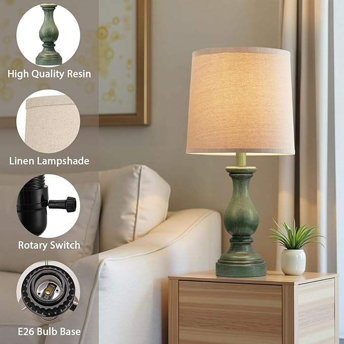 Seealle Farmhouse Table Lamps Set of 2 - Rustic Lamp for Bedroom Living Room, 22" Boho Bedside Lamps for Night Stands End Table Office Desk Lamp Nightstand with Linen Shades(Antique Green)