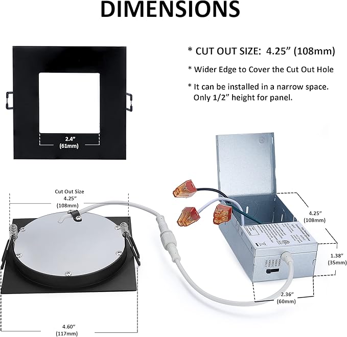 4-inch LED Canless Recessed Slim-Downlight 5 CCT Adjustable Dimmable Recessed Lights Fixture with Junction Box, Ceilling Light with Junction Box, 2700-5000K, 9W, Black Square Finish, 6 Pack