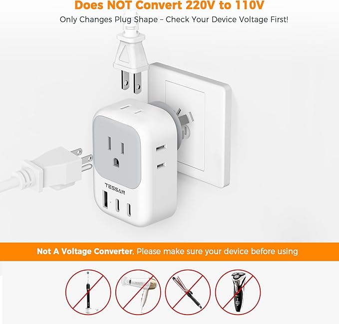 TESSAN Australia New Zealand Plug Adapter (No Voltage Conversion), Type I Power Adaptor with 4 Electrical Outlets 3 USB Charger (2 USB C) for US to Australian AU Argentina Fiji China Cook Islands