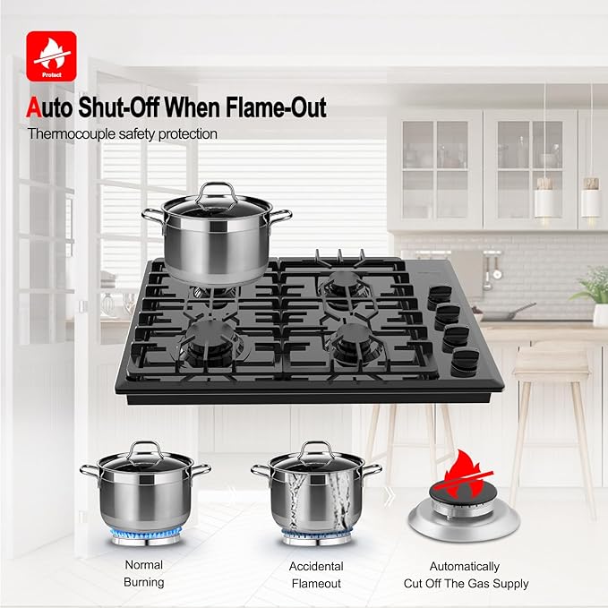 GASLAND 30 Inch Gas Cooktop Black, 4 Sabaf Sealed Burner Gas Stovetop, 4 ft Cord Plug, Heavy Duty Cast Iron Grates with Metal Knobs, 28,300 BTU NG/LPG Convertible