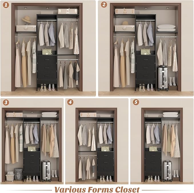 4FT Small Closet System with 3 Fabric Drawers, 48'' Closet Organizer System With 3 Adjustable Shelves, Flexible Built-In Clothes Garment Rack for Small Space, 48" L x 13" W x 71" H, Dark Black