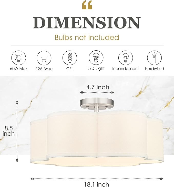 Semi Flush Mount Ceiling Lights, 6-Light 18" Ceiling Light Fixtures with Fabric Shade in Flower Shape, Brushed Nickel Farmhouse Drum Lighting for Nursery Bedroom Kitchen, AD-22007-6SF-SN