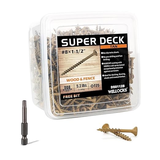 WELLOCKS Deck Screws 1-1/2", Wood Screws #8×1-1/2", Tan 874 PCS, Superior Rust Resistant, Epoxy Coated, Above 1000 Hour Salt Spray Coating T25 Torx Star Bit Included for Outdoor Wood Fence