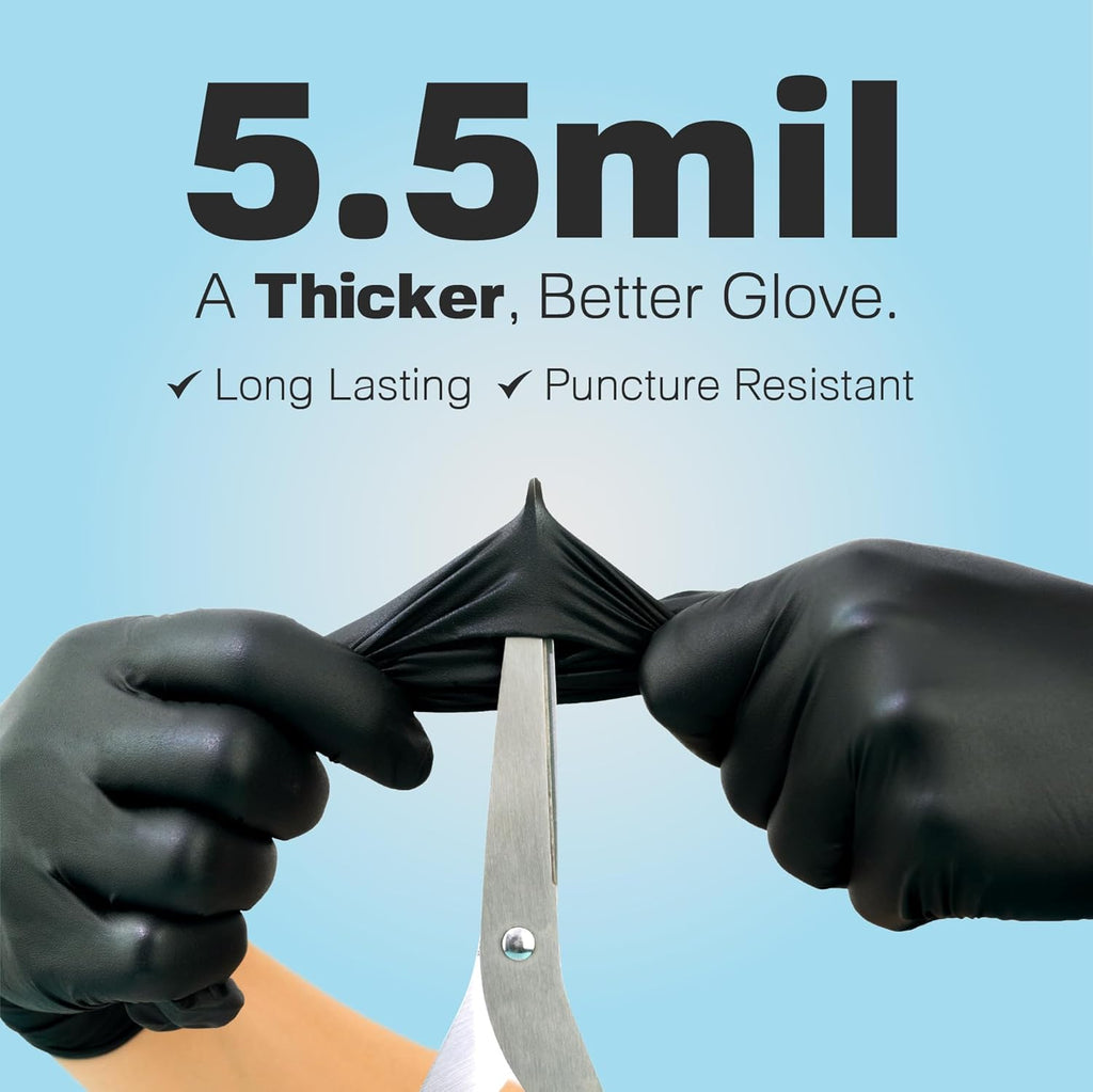 Raxwell Heavy Duty Disposable Gloves Latex Free | 5.5 Mil Black Nitrile Gloves | Powder Free Chemical Resistant Gloves