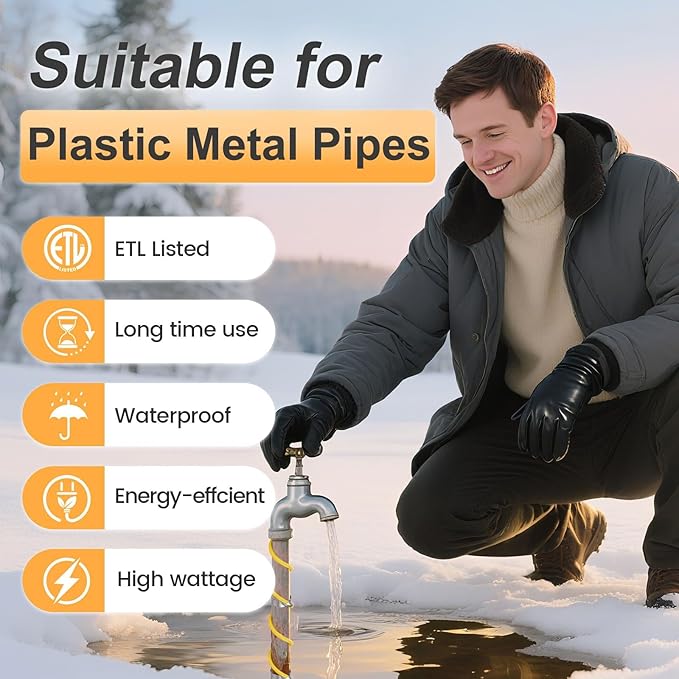 4 Ft Pipe Heat Cable for Water Pipe Freeze Protection, Self-Regulating Heat Tape for Metal and Plastic Pipes, Anti-Freeze Pipe Heating Trace System 6W/Ft 120V