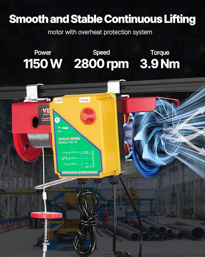 VEVOR 1320lbs Wireless Electric Hoist, 1150W 110V Electric Steel Wire Winch with Wireless Remote Control, 40ft Single Cable Lifting Height & Motor, for Garage Warehouse Factory