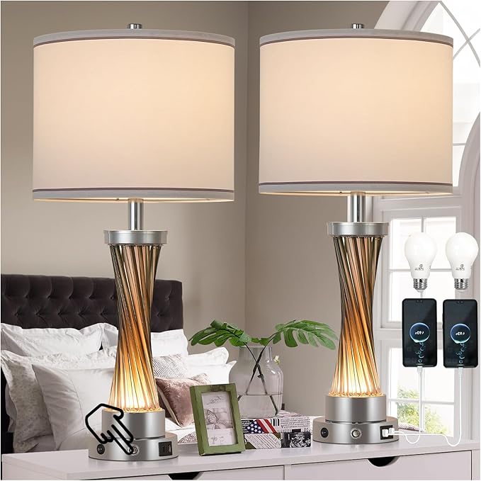 3-Way Dimmable Table Lamp Set of 2,Touch Control Lamp with Night Light,Modern Crystal Table Lamps for Bedroom,Living Room，Bedside Lamps with USB A+C Ports，Fabric Lampshade(Blubs Included)