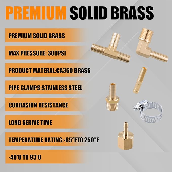 168Pcs Hose Barb Fuel Line Fittings Assortment Kit Barb Splice/Coupler/Female Adapter/Tee/90°Male Elbow Thread 1/8" 3/16" 1/4" 5/16" 3/8" 1/2" Air Hose Fitting with Pipe Clamps for Fuel