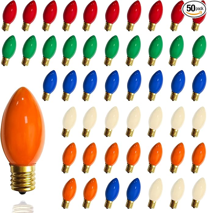 50 Pack C9 Multicolor Vintage Christmas Light Bulbs, 7W Ceramic Multicolor Incandescent Replacement Bulbs for Outdoor String Lights, C9 Night Bulbs for Porch, Patio, Garden, Holiday Decor, E17 Base