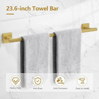 TQKAG 7-Pieces Brushed Gold Bathroom Hardware Accessories Set 23.6" SUS304 Stainless Steel Towel Bar Set Toilet Paper Spare Rolls Storage Holder Wall Mounted