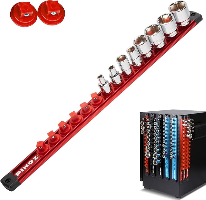 3/8" Magnetic Socket Holder Organizer - Aluminum Alloy Socket Rail Tray for Tool Box Drawer, Socket Rack with Extra 2Pcs Replacement Clips for Automotive Garage(Red)