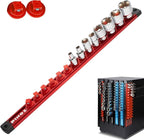 3/8" Magnetic Socket Holder Organizer - Aluminum Alloy Socket Rail Tray for Tool Box Drawer, Socket Rack with Extra 2Pcs Replacement Clips for Automotive Garage(Red)