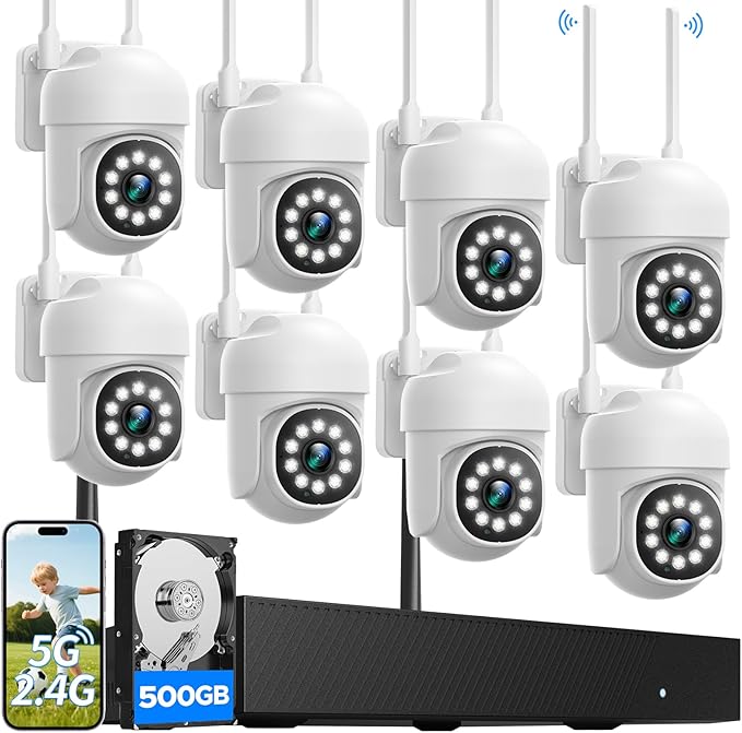 CAMCAMP Wireless Home Security Camera System, Expandable 16CH 4K NVR, 8PC PTZ WiFi Cameras for Home Security, Auto Human Tracking, Two-Way Audio, Smart Night Vision, AC-Powered, CCTV Surveillance Kit
