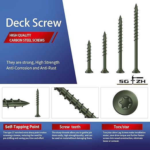 #9 x 2-1/2" Deck Screws (744Pcs) 8lb. Exterior Wood Screws. Carbon Steel, Green, Flat Head, Rust Resistant epoxy Coated, with T25 Star Bit