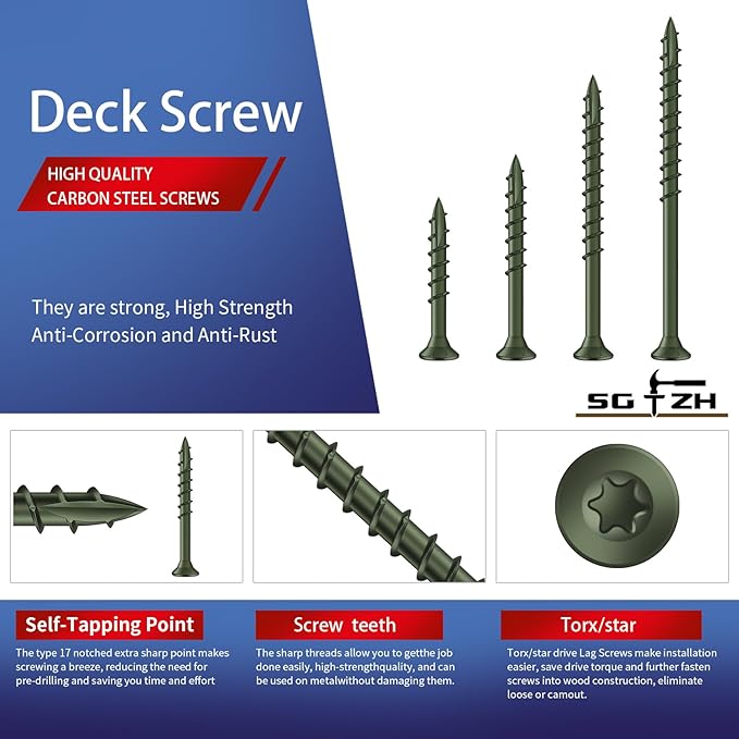 #10 x 3 Inch Deck Screws (405Pcs) 6lb. Exterior Wood Screws. Carbon Steel, Green, Flat Head, Rust Resistant epoxy Coated, with T25 Star Bit