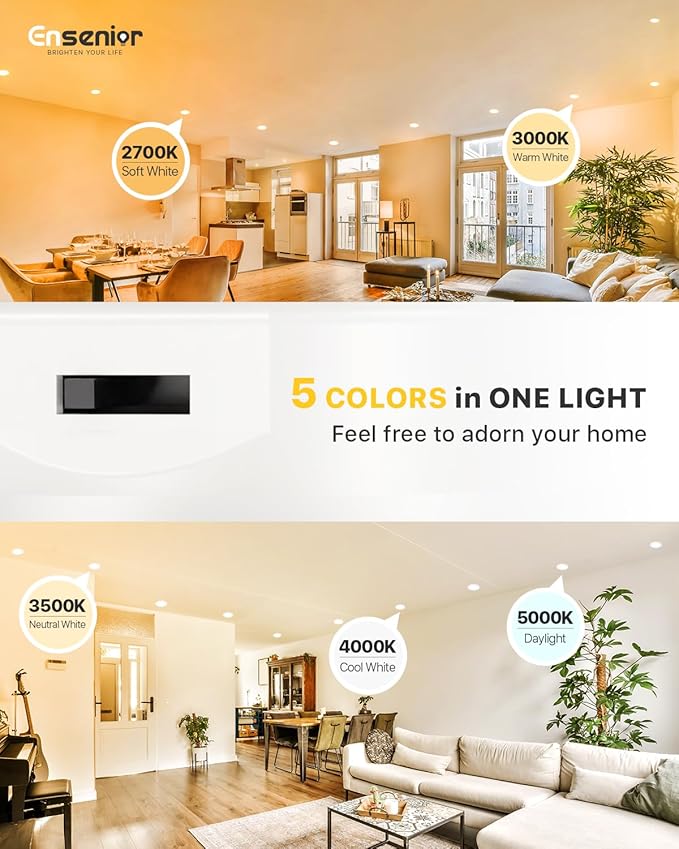 Ensenior 4 Inch LED Can Lights 12 Pack, Dimmable Retrofit Led Recessed Lighting, 5CCT Adjustable Color Temperature (2700K-5000K), 7W=77W 700LM, IC & Damp Rated, FCC