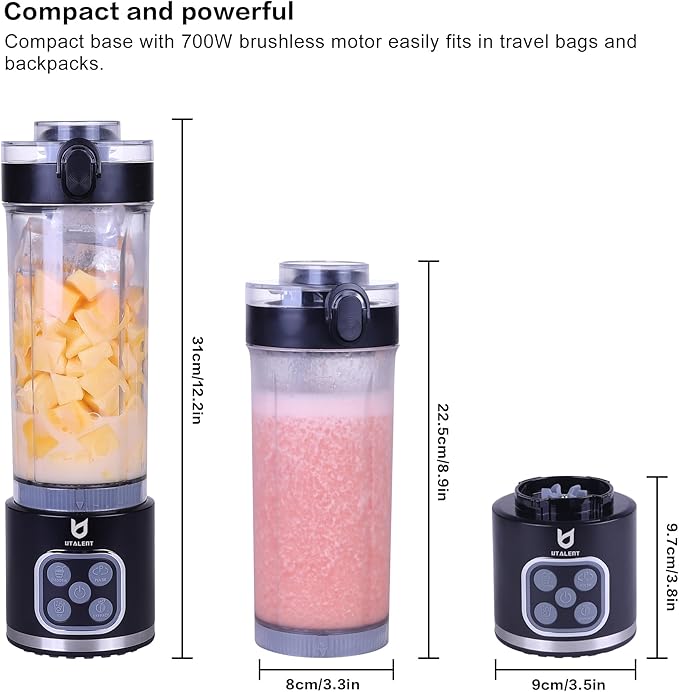 UTALENT Cordless Portable Blender, 25 oz removable Vessel，Powerful Personal Blender, for Smoothies, Ice Crush, 4 Programs, Leakproof-Lid & Sip Spout, USB-C Rechargeable, Dishwasher Safe Parts, Black