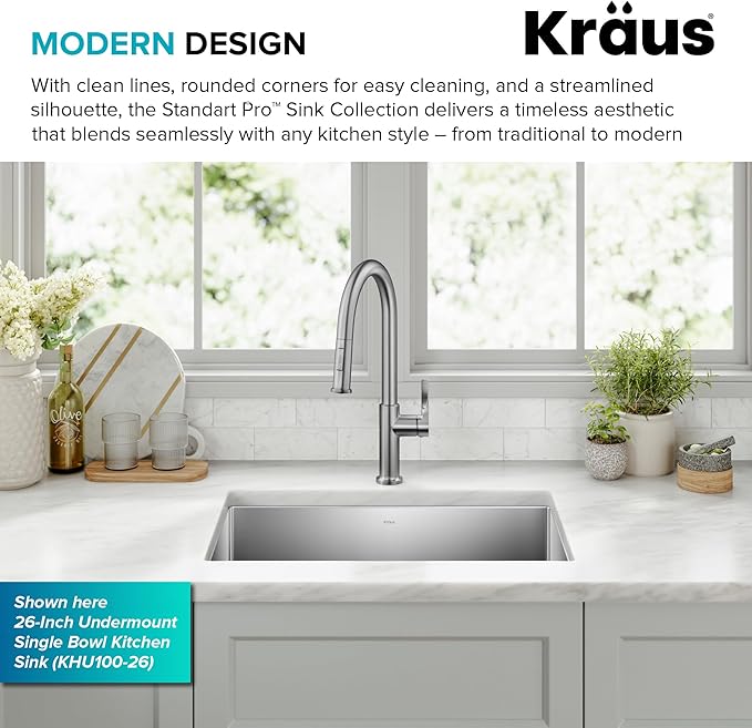 Kraus KHU111-25 Standart PRO 16 Gauge Undermount Single Bowl Stainless Steel Kitchen Sink, 25 Inch