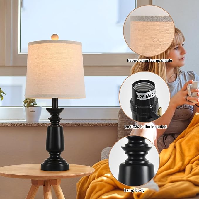 Terpsichore Lamps Set of 2 Modern Farmhouse Table Lamp Bedside Reading Lights Living Room End Lamps Bedroom Night Light,High 22.5 Inch,Matte Black,with Fabric Lamp Shade,Bulb Not Included