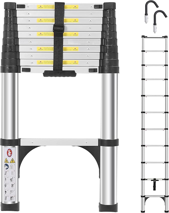 Telescoping Ladders 10.5 FT Aluminum Ladder - One-Button Retraction Collapsible Extension Ladder for Home,RV,Attic & Loft, Lasts 330 LBS with 2 Triangle Stabilizers and 2 Detachable Hooks