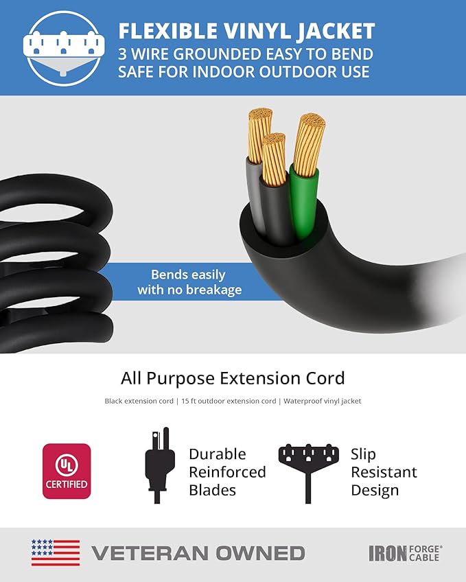 Iron Forge Cable 2 Pack 15 Ft Black Extension Cord with 3 Outlets - 16/3 SJTW 15 Foot Extension Cord 3 Prong, Weatherproof Power Cable for Outdoor