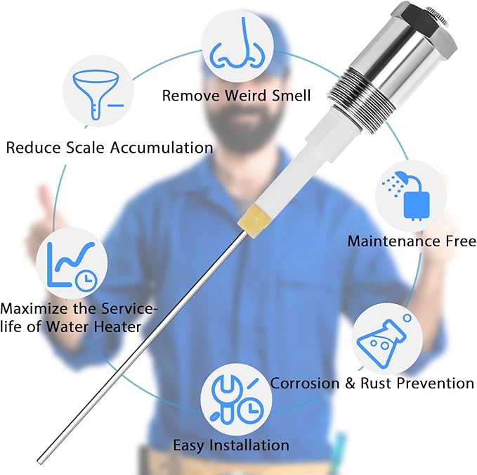 Podoy Powered Anode Rod for Hot Water Heater, Stops Corrosion and Eliminates Rotten Egg Smell for 30-80 Gallon Water Tank Except Bradford White, Titanium Electric Anode Rod Replacement Universal 9.4"