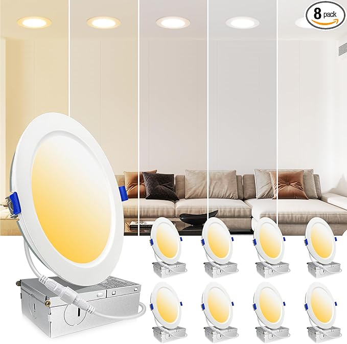 8 Pack 6 Inch 16W MAX.2000LM LED Recessed Lighting with Junction Box, Eqv 200W,2700K/3000K/3500K/4000K/5000K Selectable,Dimmable, Free of Can Housing,Flush Mount Downlight-ETL & Energy Star