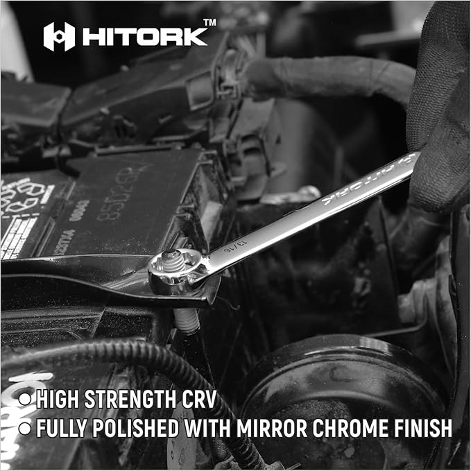 Hitork 11 Piece Combination Wrench Set with Roll Pouch, SAE Sizes (1/4" - 7/8"), Drop Forged Cr-V Steel, Chrome Plated Mirror Finish, 12 Point Box End, 15° Offset, Exceeds ANSI Standards