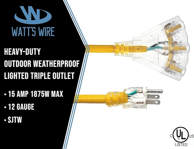 3 Pack - Outdoor Extension Cord Waterproof (2 ft) 12 Gauge Heavy Duty Extension Cord Splitter - Lighted Outdoor Extension Cords with Multiple Outlets - 2' Grounded - extensiones electricas