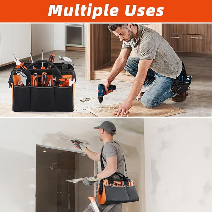 Tool Bag 14'', Thick Outer Pocket Tool Organizer Waterproof, Heavy Duty Tote with Shoulder Strap for Tool Storage, Black & Orange
