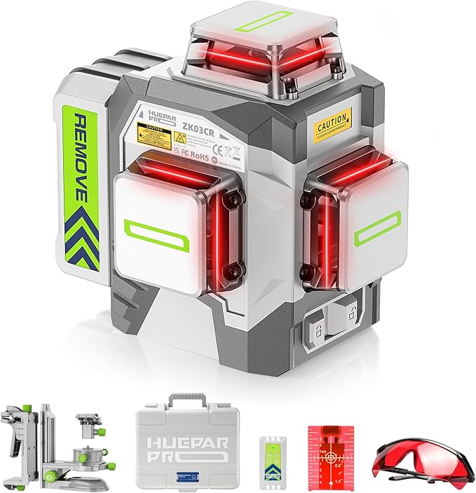 Huepar Pro Laser Level 3 x 360 Self Leveling Red Beam Laser Tool, High Accuracy Professional 3D Cross Line Laser with 8000mAh Rechargeable Li-ion Battery, Magnetic Bracket & Hard Carry Case ZK03CR