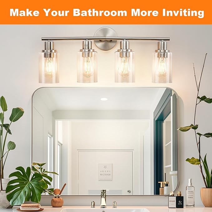 DLLT 4-Light Bathroom Light Fixtures: Nickel Modern Vanity Lights with E26 Bulbs - Clear Glass Shade Bathroom Wall Lamp for Mirror Kitchen Living Room Hallway Cabinet Porch