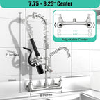 Commercial Sink Faucet with Sprayer Wall Mount, 21" Height 8 inch Center with Solid Brass & Polished Chrome, Add-on 8" Swing Spout for 1 or 2 Compartment Kitchen Sink