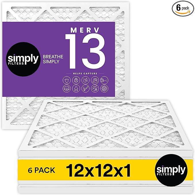 Simply 12x12x1 Air Filter, Merv 13, MPR 1500, 6 Pack, For Home AC Furnace & HVAC (Actual Size: 11.75"x11.75"x0.75") DUST, Pet, & Allergy Control