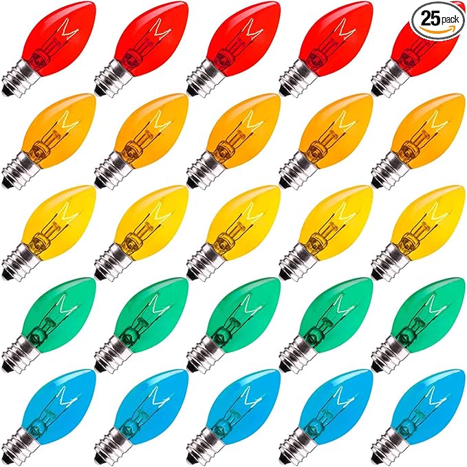 C7 Replacement Light Bulbs, 25 Pack Transparent Blubs for Outdoor String Lights, Multicolor, E12 Candelabra Vintage Christmas Bulbs