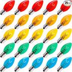 C7 Replacement Light Bulbs, 25 Pack Transparent Blubs for Outdoor String Lights, Multicolor, E12 Candelabra Vintage Christmas Bulbs