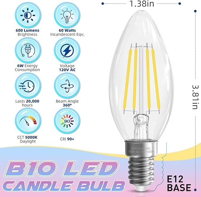 E12 Candelabra Bulb, 5000K Daylight, 6W Equivalent to 60 watt, E12 LED Bulb Non-Dimmable, Chandelier Light Bulbs, B10 Candle Light Bulbs, 90+CRI, 600LM, Cear Glass, 12 Pack