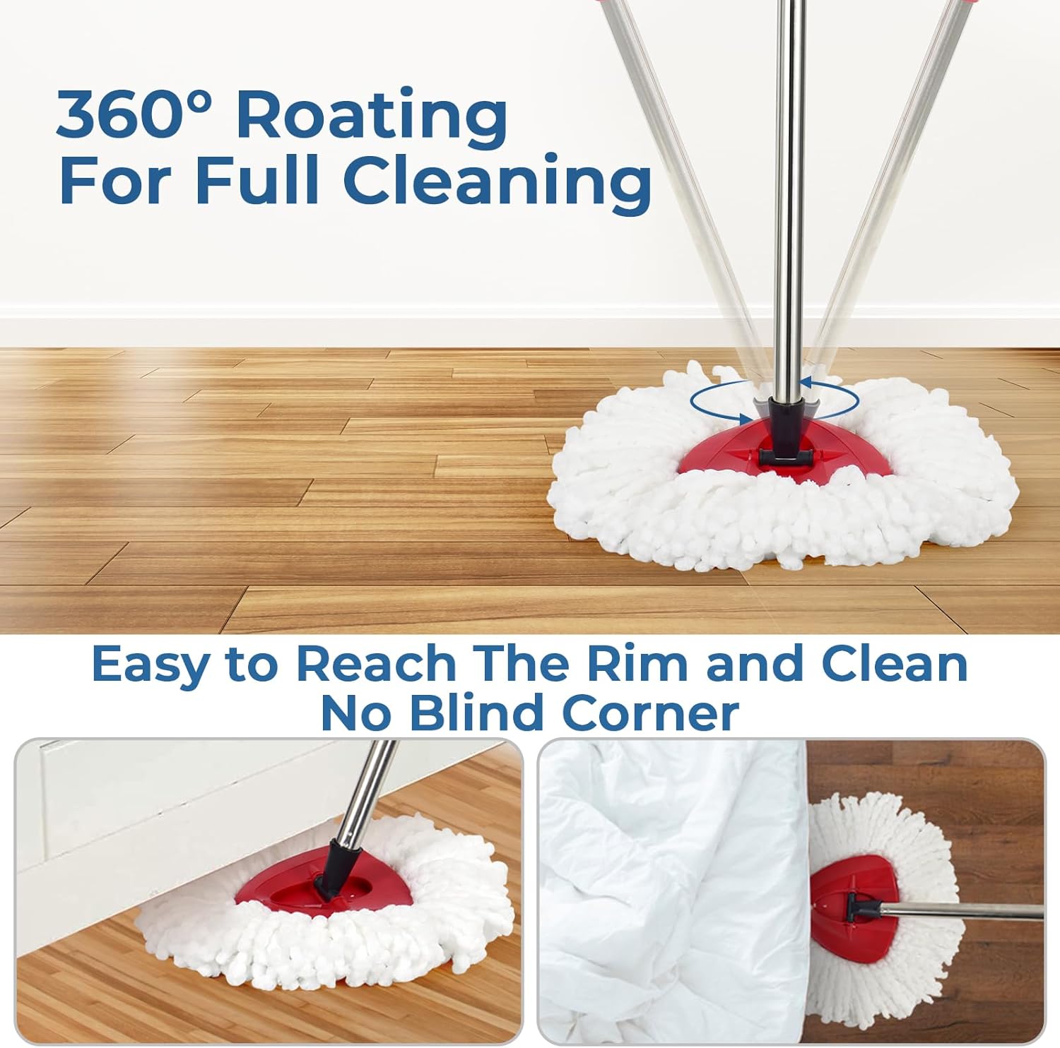 Matthew Spin Mop Replace Head Kit,Base,Handle Compatible with EasyWring Microfiber Spin Mop,4 Mop Refills Replacement Heads,30-58in Mop Handle and 1 Mop Base Combo Set White (1-Tank System)