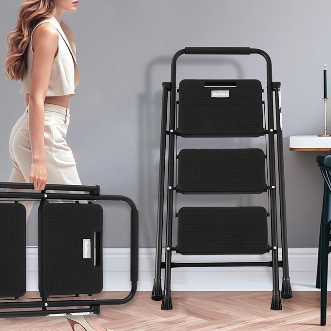 Nazhura Foldable 3 Step Stool Ladder, 300 Lb Weight Limit Folding 3 Stepping Ladder for Kitchen, with Wide Anti-Slip Pedal, Sturdy Steel Ladder, Convenient Handrail, Lightweight