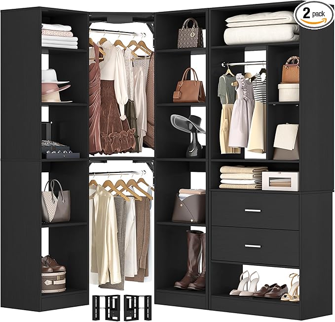 Corner Closet System with 2 Sets, 63.2" Corner Closet Organizer System with 2 Drawers + 18 Shelves + 3 Hanging Rods, Reversible L Shaped Walk-in Closets, Black (63.2" L x 39.2" W x 80" H)