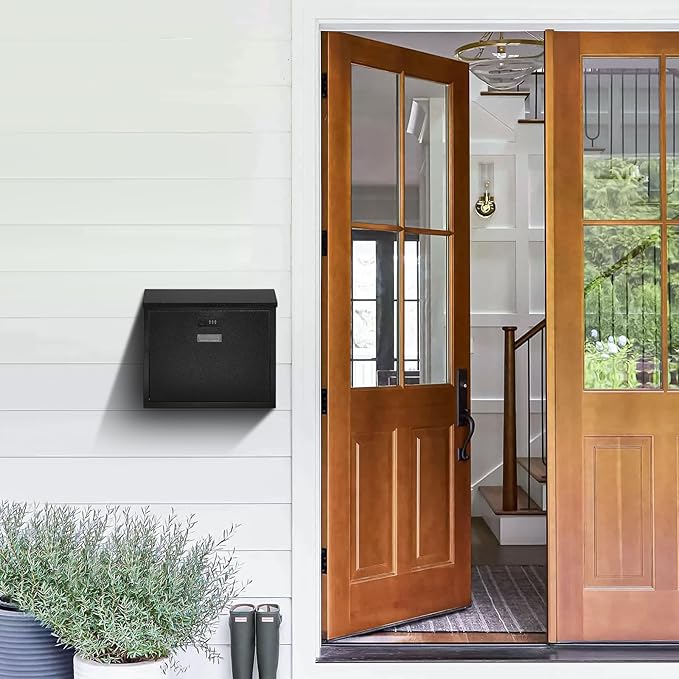 xydled Mail Boxes with Combination Lock,Locking Mailbox Wall Mounted,Security Metal Mailbox Drop Box, Modern Large Capacity,Steel Cover Metal Postbox for House Home Outside, Black, 14.2''x12.6''x4''
