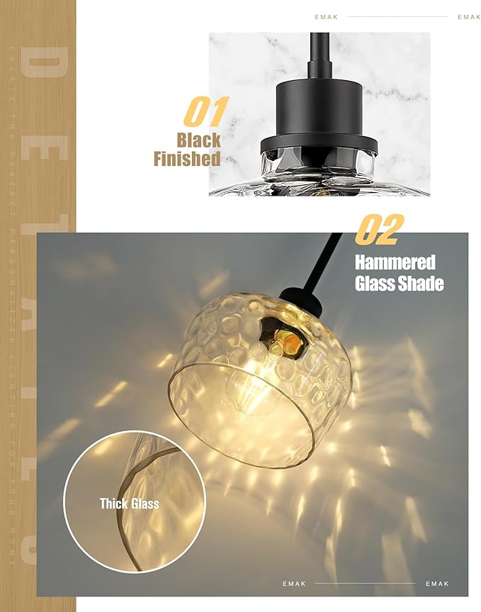 Emak 8 Inch Pendant Lights Kitchen Island, Black Pendant Light Fixtures with Hammered Glass Shade, Modern Farmhouse Island Lights for Kitchen, PL122-BK-HG