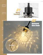 Emak 8 Inch Pendant Lights Kitchen Island, Black Pendant Light Fixtures with Hammered Glass Shade, Modern Farmhouse Island Lights for Kitchen, PL122-BK-HG