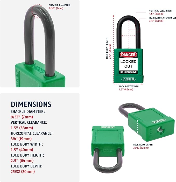 ABUS Green Pack of 10 Lockout Tagout Premium Solid Body Safety Padlock Set - OSHA Compliant Loto Locks Insulated Against Electric Shock, Keyed Different, 1 Key Per Lock