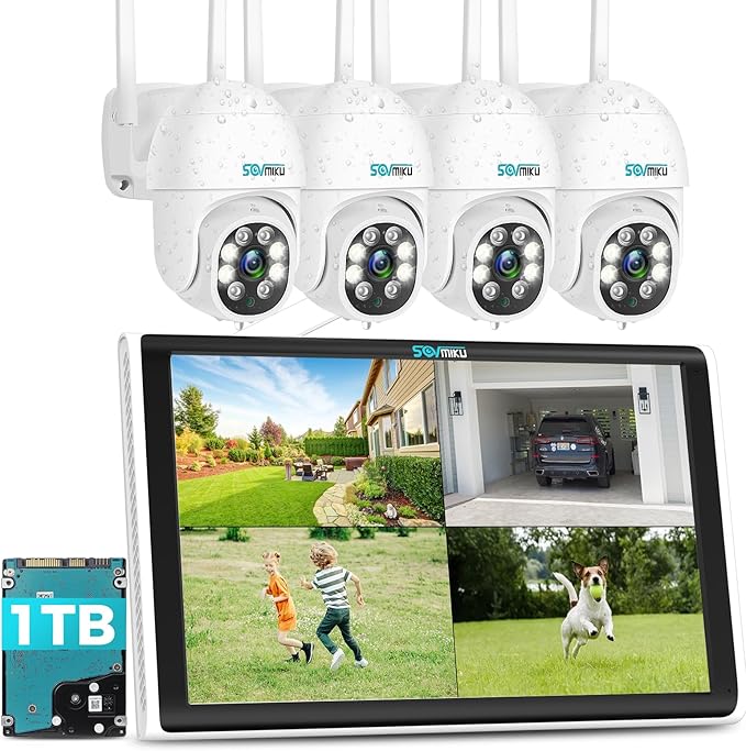 SOVMIKU WiFi Security Camera System, 【Plug-in Cable】 4PCS 3MP PT Outdoor Camera with 10" LCD Monitor, Motion Detection, Color Night Vision, 24/7 Record, 2-Way Audio, 8CH NVR, 2.4G WiFi