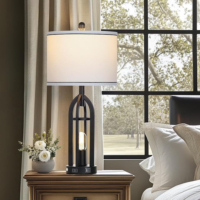 27" Tall Vintage Table Lamp with USB C+A & Outlet,Black Industrial End Table Lamp for Living Room,Farmhouse Rustic Bedside Lamps with Night Light for Bedroom Nightstand,Black（2 LED Bulbs Included）