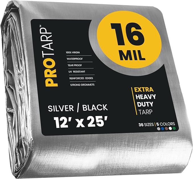 PROTARP Extra Heavy Duty 16 Mil Tarp Cover, Waterproof, UV Resistant, Rip and Tear Proof, Poly Tarpaulin with Reinforced Edges for Roof, Camping, Patio, Pool, Boat. (Silver/Black 12′ X 25′)